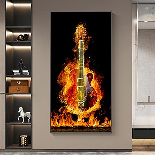 Zhadongli Art Moderne Musikalische Leinwand Malerei Instrumente Feuerbrennen E-Gitarre Poster Wandkunstdrucke Wohnzimmer Dekor Bilder 70x140cm (28x55in) Rahmenlos