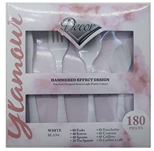 Decor Decorline - Ensemble de couverts et réutilisables en plastique durable - 180 pièces - 80 fourchettes, 40 couteaux, 40 cuillères et 20 Cuillières à café - Glamour Collection - Blanc
