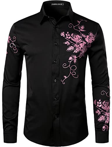 PARKLEES Men's Hipster Rose Floral Print Design Slim Fit Long Sleeve Button Up Party Dress Shirt Black Pink M