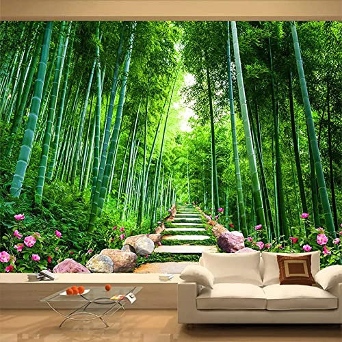 Fond D'Écran 3D Escaliers En Pierre De Bambou De Forêt Verte Peinture Murale Chambre Salon Décoration De La Maison 3D Papier Peint Mural Photo Murale Peler Et Coller Affiches Mural 350 x 256 cm (LxH)