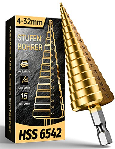FAHEFANA Stufenbohrer 5-35 mm | HSS 6542 -Profi Kegelbohrer für Metall/Edelstahl/Baustahl/Kunststoff/Holz, 13 Stufen, 6mm Schaft, Titanbeschichtung, Bohren im Großformat (Schälbohrer, lochbohrer)