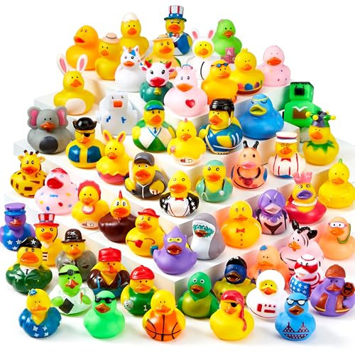 JOYIN 60 Pcs Rubber Ducks, Assorted Rubber Duckie Toys with Mesh Carry Bag for Kids Baby Bath Shower Toys, Beach Pool Activity, Carnival, Holiday Party Favors