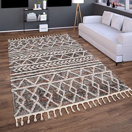 Paco Home Hochflor Teppich Wohnzimmer Schlafzimmer Shaggy Boho Modern Skandinavisch Geometrisches Rautenmuster Fransen, Grösse:140x200 cm, Farbe:Bunt 2