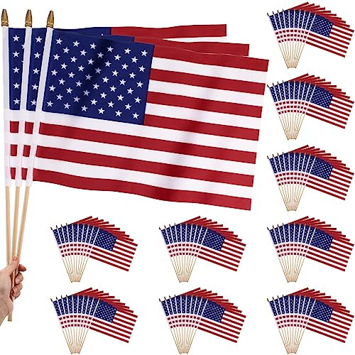 Tudomro Lot de 100 petits drapeaux américains sur bâton - 30,5 x 45,7 cm - Petits drapeaux américains à main avec lance dorée de sécurité - Décorations américaines pour le jour commémoratif