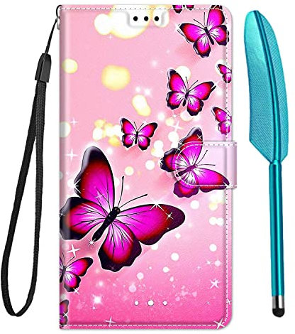 Nokia C32 Case Shockproof Wallet Phone Cover Flip PU Leather Silicone Bumper Slim Fit Protective Cover with Card Holder Magnet Kickstand Nokia C32 Case & 1 Touch Pen, Pink Butterflies