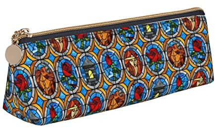 FJAUOQ Federmäppchen Beauty and Beast Fairytale Glass Pencil Case with Zipper Durable Portable Pen Pouch Office Storage Bag Travel Toiletry Holder for Women Men