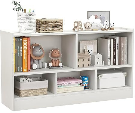 KOMFOTTEU Bibliothèque Ouverte, 5 Casiers de 2 Tailles différentes, Meuble de Rangement en Bois avec Pieds Antidérapants, pour Livres & Jouets, 111 x 30 x 61,5 cm (Blanc)
