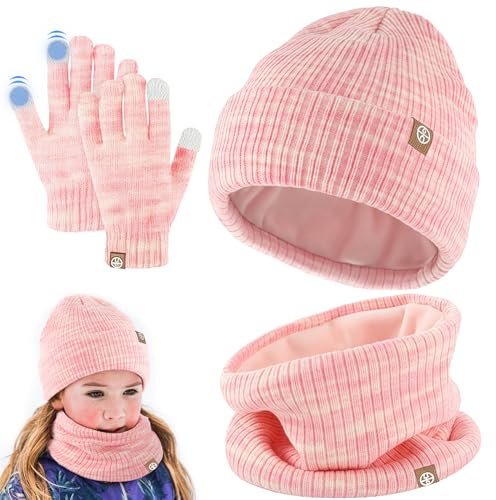 auvstar Kinder Wintermütze Schal Handschuhe Mütze Set, Jungen Strickmütze Loop Schal, Warme Weiche Wintermützen für Kleinkind, Beanie Hut Handschuhe Runder, Mädchen Winter Beanie Set (Rosa)