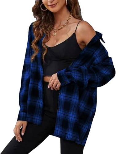 Zontroldy Chemise à carreaux en flanelle pour femme - Manches longues - Boutonnée - Chemisier à carreaux de buffle, bleu/noir, Taille M