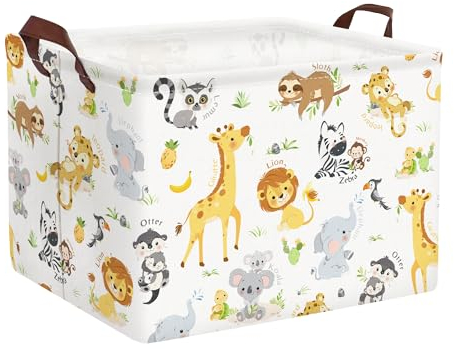 Clastyle 36L Groß Tiere Giraffe Löwe Kinder Aufbewahrungskorb mit Henkel Weiß Rechteckig Spielzeug Kleidung Aufbewahrungsbox für Kinderzimmer Bad