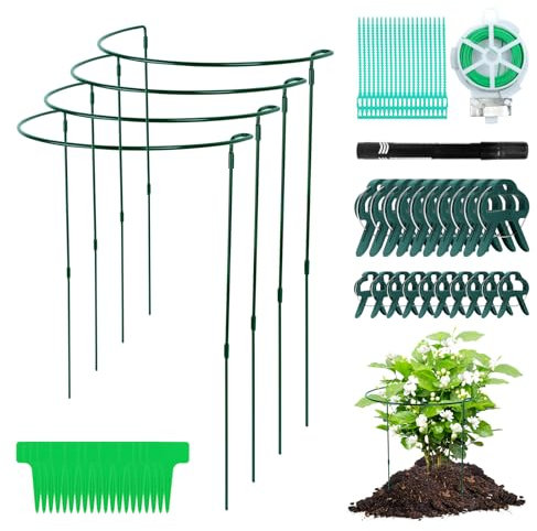4 PCS Demi-Rond Supports de Plantes réglables 60 cm métal, Tuteurs pour Plantes Demi Cercle, Grand Plant Holder Fleurs Support tuteur Plante Interieur Exterieur+20 PCS Clips Jardin Tomate, Rosier