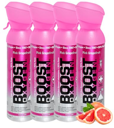 Boost Oxygen Sauerstofflasche für Unterwegs mit 95% Sauerstoff - 20L, 4x5L Sauerstoffdose mit Sauerstoffmaske für mehr als 400 Inhalationen - mobiler Sauerstoff Inhalator (Rosa Grapefruit Geschmack)