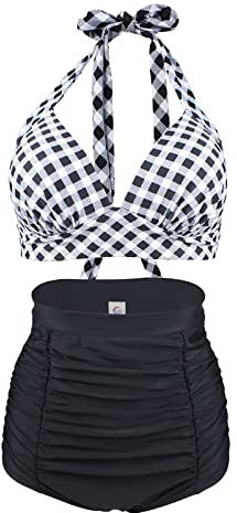 Dinglong Maillot de Bain Short Femme Maillot de Bain Deux pièces rétro à et Licou Taille Haute Maillot de Bain Short Femme Maillot de Bain transbronzant Femme Maillot de Bain Femme Sexy