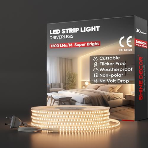 Shine Decor LED Streifen 30m, AC 220V 230V IP65 Wasserdicht LED Band, SMD 2835 120 leds/m Ultrahohe Helligkeit Lichtleiste für Home Decoration Küche Garten LED Beleuchtung (30M, Warmweiß)