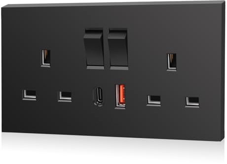 CNBINGO USB Type C Double Socket, 20W Max Fast Charging, Double Switched Socket with 20W PD USB C and A, Electric Power Sockets 2 Gang 13 Amp, Black Double Wall Outlet