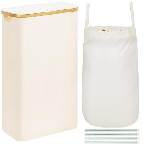 ROSOS Wäschekorb mit Deckel, 65L Faltbarer Wäschekorb Schmal mit Herausnehmbaren Wäschesack, Schmaler Wäschekorb Beige, Wäschesammler mit Deckel & Bambusgriff, Wäschekorb Schmal und Hoch mit Deckel