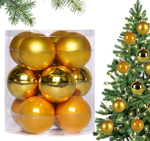 Truevaste Weihnachtskugeln Glas Gold, 12 Stück Christbaumkugeln, 8CM Glänzende, Perlglänzende und Matte Kugeln, Weihnachtsbaumkugeln für Christbaumschmuck