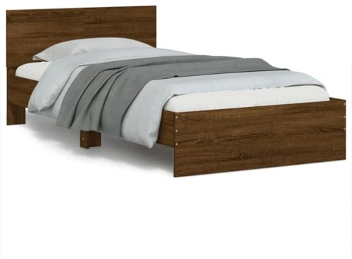 IKAYAA Bett 100x200 cm mit LED Beleuchtung Bettgestell 100x200 mit Lattenrost und Kopfteil Holzbett für Erwachsene & Jugendliche-Braune Eiche-100 x 200 cm