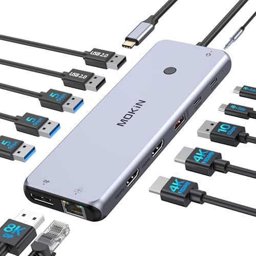 Docking Station USB C Station d'accueil Triple Ecran, Dock USB C 13 en 1 vers Dual HDMI et DisplayPort, Ethernet, 2*USB C (100W PD/10 Gbps), 6*USB A 3.1/3.0/2.0 et Audio, Hub USB C pour Dell HP Lenovo