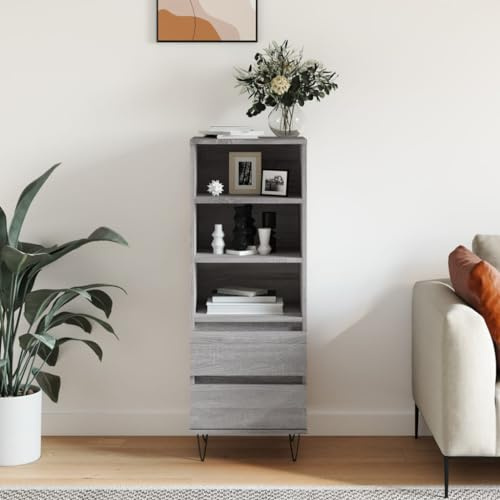 SDWEHO7 Modern Highboard Anrichte Schrank mit 3 offenen Fächern & 2 Schubladen, Holzwerkstoff Mehrzweckschrank Beistellschrank Standregal für Wohnzimmer Büro, Grau Sonoma 40x36x110 cm