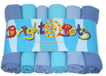Bright Bots Baby Muslin Squares Burp Cloths Absorbent and Breathable Muslin Cloths Pure Soft 100% Cotton 6 Pack - 70cms (Blue Combo)
