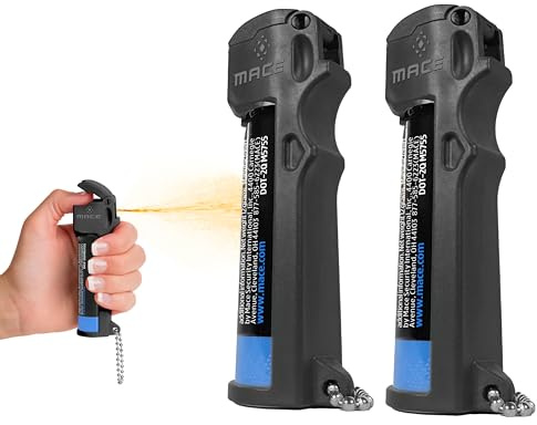 Mace Pepper Spray - 2-Pack Triple Action Personal, 3-in-1 (OC, Tear Gas, UV Dye), Max Police Strength, 0.63 oz, 12 Feet Range, Flip Top Safety Cap, Self Defense Pepper Spray for Women & Men - Black