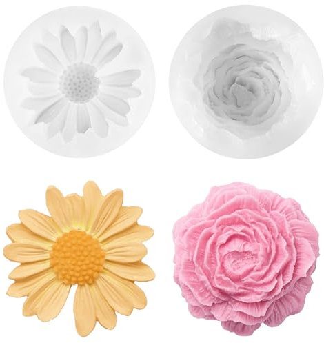 TZEKING 2 Piezas Moldes para Velas Peonía y Margarita,Molde de Silicona de Peonía Grande,Molde de Silicona de Flores,Molde Silicona Velas Flor,Molde de Vela 3D,para Manualidades,Jabón,Pastel