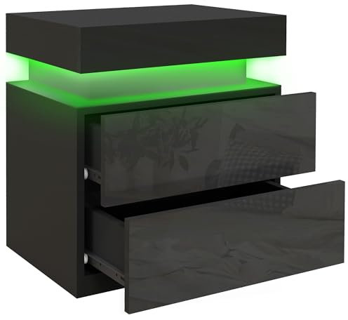HOMCOM Table de Chevet, Table de Nuit, avec lumière LED RVB, 2 tiroirs, façade du tiroir Haute Brillance, pour Salon, Chambre à Coucher, Noir