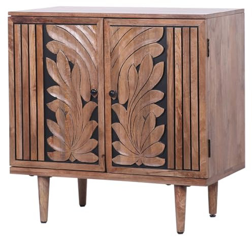 Marrakesch Boho Kommode mit Türen aus Teak Holz 80cm | Orientalische Deko kleines Sideboard Komode Aday handgeschnitzt für stilvolle Aufbewahrung & Dekoration im Wohnzimmer & Schlafzimmer