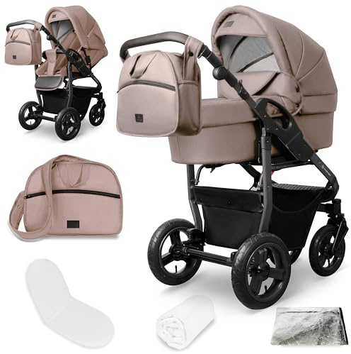 Kombikinderwagen Capri 2-in-1 Babywanne Sportsitz faltbar | Komfortabler Kinderwagen ab Geburt bis 22 kg mit Luftreifen Federung verstellbarem Griff Zubehör und Regenschutz