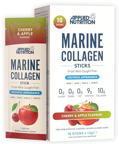 Applied Nutrition – Marine Collagen Stick | Vitamin C + Best Collagen Supplement | Best Beauty Support | Skin, Hair & Joint Health | Cherry & Apple | 10 x 12g Sticks