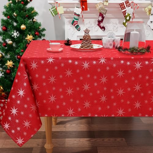 Homaxy Christmas Table Cloth Wipe Clean 140x200 cm | Wipeable Rectangle Polyester Red Xmas Tablecloth White Stars, Fabric Washable Table Cover for Dining Party and Festival