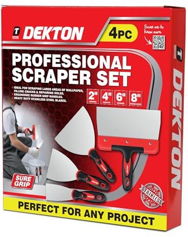 Dekton 4-Piece Professional Scraper Set – 2, 4, 6, 8 Heavy Duty Stainless Steel Blades with Ergonomic Rubber Grip – Ideal for Wallpaper Removal, Filling Cracks & Surface Repairs