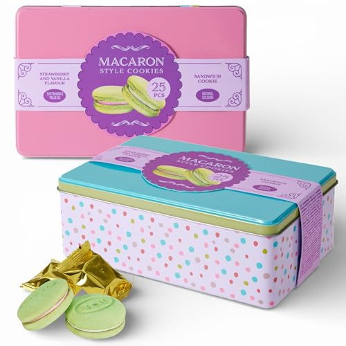 MIJOMA Macaron Style Cookies 2er-Set – 2 dekorative Blechdosen mit je 25 einzeln verpackten Cookies – Vanille & Erdbeer – Geschenkset 2x 155g