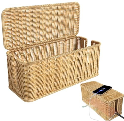 Cable Management Box - Rattan 31 x 12.5 x 13 cm | Craft Wire Basket with Lid 2 Slots for Desk TV Cabinet Shelf Wall Socket Tidy
