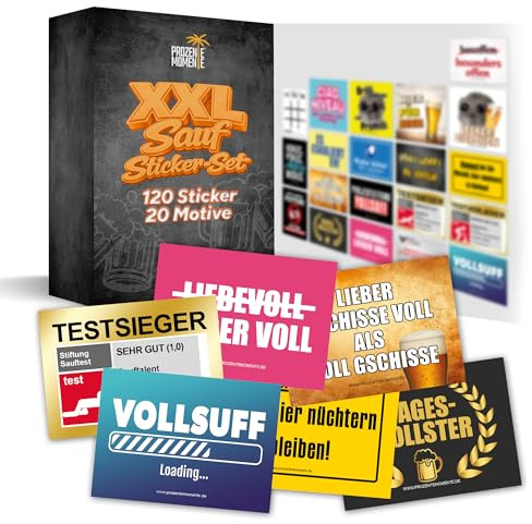 XXL Saufsticker Set mit 20 Motiven für jede Party, Malle Party, Festival Gadgets als Ballermann und Festivals Accessoires, lustiges Stickerset, witziges Aufkleberset, Set (jedes Motiv 6x)