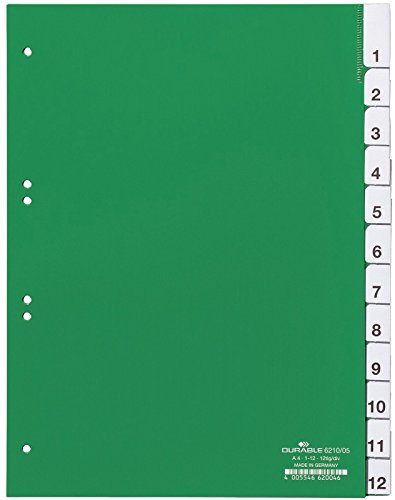 Durable Kunststoffregister 1-12, A4 hoch, volldeckend, grün, 621005 | Register aus Hartfolie mit Deckblatt, 12-teilig, mit auswechselbaren Beschriftungsschildern, 60/80 + 3 x 80mm Lochung