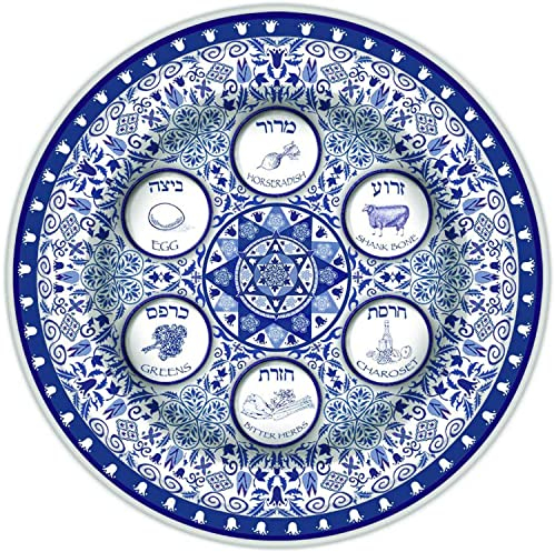 Aviv Judaica Passover Renaissance Seder Plate 13 Porcelain Round Seder Tray with Ornate Floral Pattern Extra Large Pessah Kaarah Artistic Seder Dish by Jessica Sporn Pesach Table Decorations