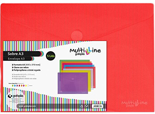 Grafoplas - Pack 5 Carpetas Sobres Plastico A3, Cierre Textil Adhesivo, Rojo, Multiline, 33,5x24cm, Polipropileno Cristal Rayado Traslúcido, Perfecto para Dibujos y Documentos Grandes