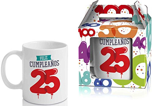 Taza Cerámica para Desayuno en Color Blanco de 300 ml, Un Regalo Original para Aniversarios - Feliz 25 Cumpleaños