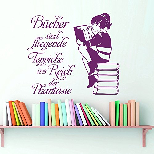 Vinyl Wandtattoo Zitat Bücher sind Fliegende Teppiche ins Reich der Phantasie Motivation Lektüre Lesen Wandaufkleber Wandsticker Wanddekoration Fototapete Kinderzimmer Arbeitszimmer Kabinett Büro A569