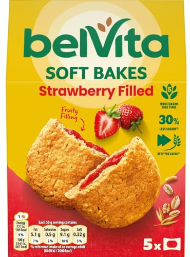 Belvita Breakfast Biscuits Soft Bakes Filled With Strawberry, Delicious Strawberry Filled Biscuits, 5 x 50 g Biscuits (Pack of 1)