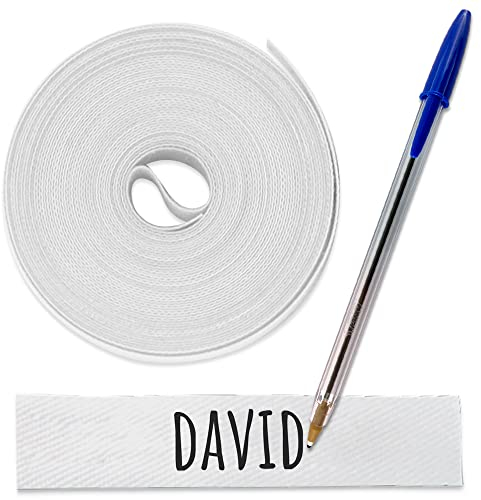 1 Rotolo di nastro in tessuto da 3 metri x 1cm, di colore bianco Etichetta termoadesiva personalizzabile con scritte. Include una penna. (Bianco)