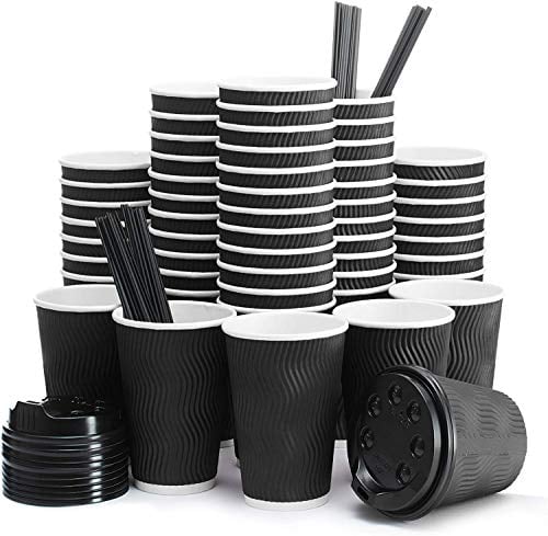 12oz Black Ripple Coffee Cups to Go with Black Lids, Wooden Stirrers [12oz, 340ml, 100 Pack] Disposable Takeaway Insulated Biodegradable Paper Cups for Tea and Hot Drinks