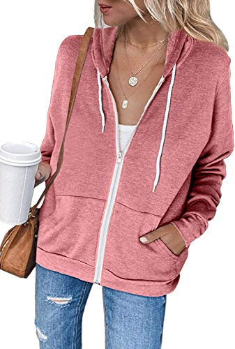 Maavoki Sweatjacke Damen mit Kapuze Einfarbig Damen Kapuzenjacke Full Zip Hoodie Sweatshirt Jacke für Damen, rosa XXL