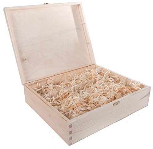 WooDeeDoo 3 Bottles Wine Wooden Box Prefilled with Wood Wool – 36 x 30 x 10.5 cm – Rustic Gift Crate with Clasp and Divider for Presentation Storage Display or Personalised Decoration