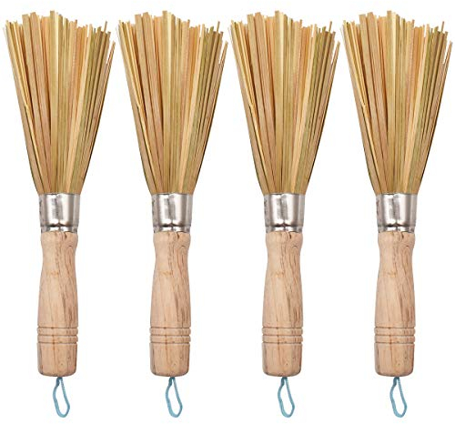 Bambou Brosses de Pot,RoadLoo 4 Pcs Brosses de Nettoyage en Bambou Eco-Responsable Brosse Vaisselle en Bambou Antiadhésif Brosse Pot Spatule en Bois Cuisine Kit pour Poêle Fonte Évier Cuisine Ménager