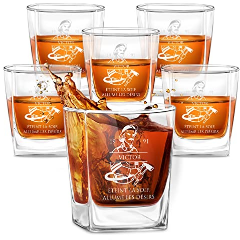 Maverton Ensemble de 6 Verres à Whisky pour lui - Cadeau Homme - Verres classique pour connaisseurs - Gravure au Laser sur chaque Verre a Whisky 250 ml - Cadeau Personnalisé pour homme - Pompier