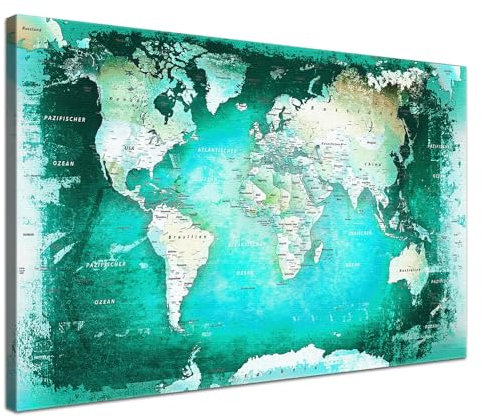 LANA KK - Premium Pinnwand Weltkarte - Türkis - Deutsch - in 150 x 100 cm, stabile Rückwand zum Pinnen inkl. Starterkit - Leinwand-Kunstdruck Wandbild Landkarte XXL