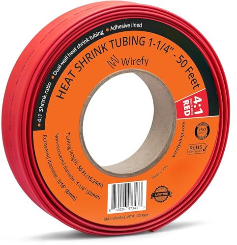 Wirefy Guaina Termorestringente 30 mm - Diametro Largo - Tubo Isolante 4:1 - Interno Adesivo - Rosso - Rotolo 15 m